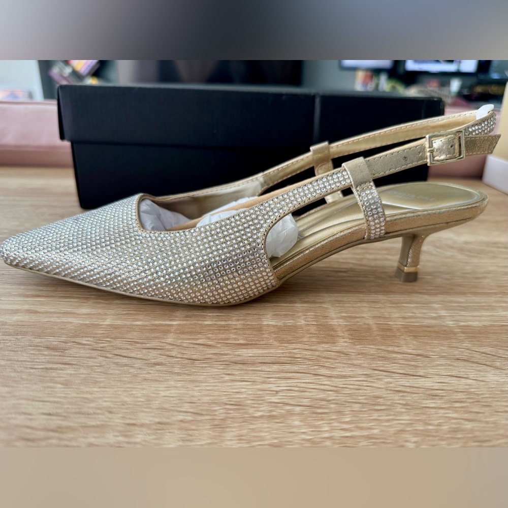 Kenneth Cole Martha Crystals Gold Slingback Kitten Heels